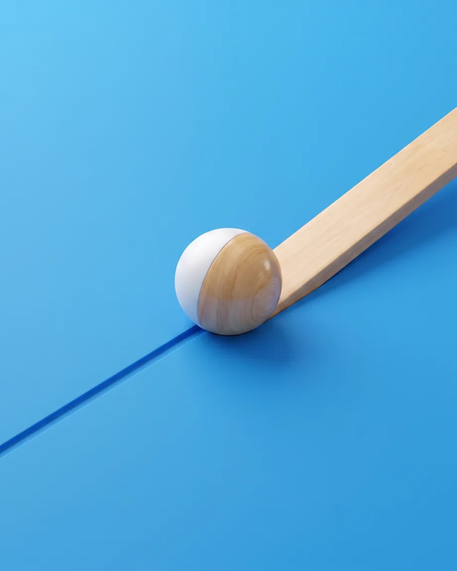 An engraved line lifting off a blue surface and becoming a solid maple bar